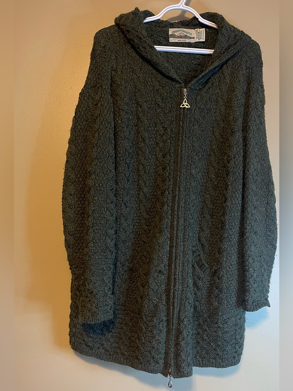 Aran Crafts Ireland 100% Merino Wool Cable Knit Hooded Coatigan